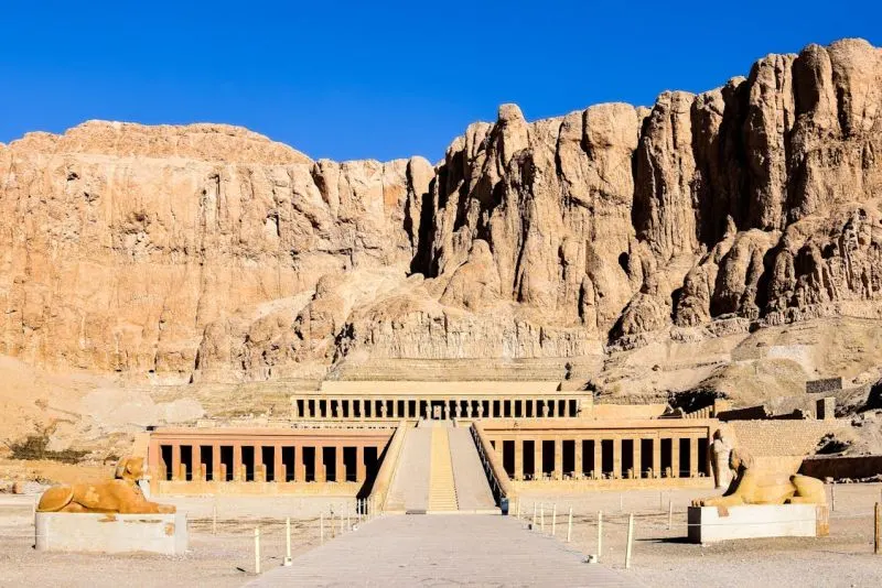 Temple of Hatshepsut built into cliffs near Luxor during Christmas Nile Cruise